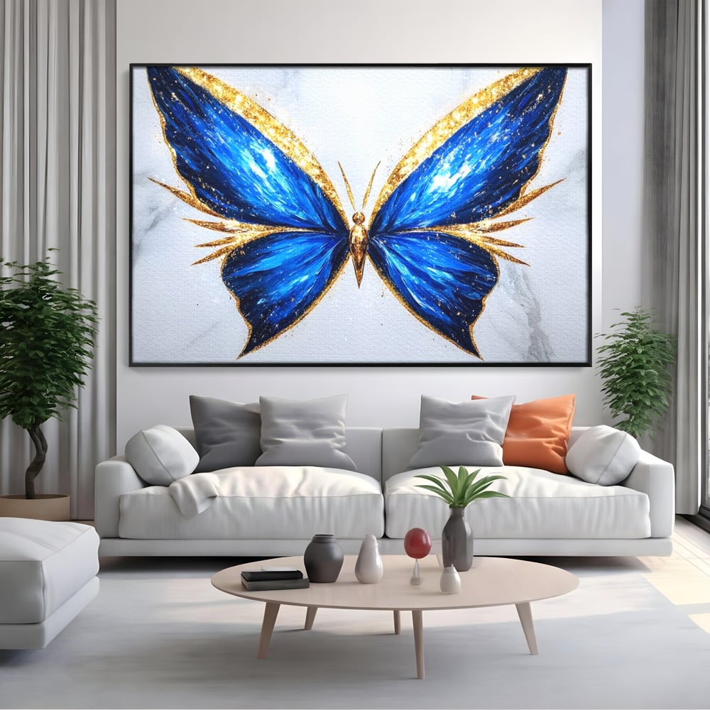 Tablou Canvas Premium, LuxCanva® M1126, Fluture Imperial, Safir, Electric, Auriu, Stralucitor, Pretios, Fluture, Insecta, Elegant, Bijuterie, Aripi, Lumina, Birou, Living, Camera Copil