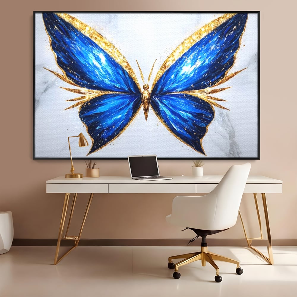 Tablou Canvas Premium, LuxCanva® M1126, Fluture Imperial, Safir, Electric, Auriu, Stralucitor, Pretios, Fluture, Insecta, Elegant, Bijuterie, Aripi, Lumina, Birou, Living, Camera Copil