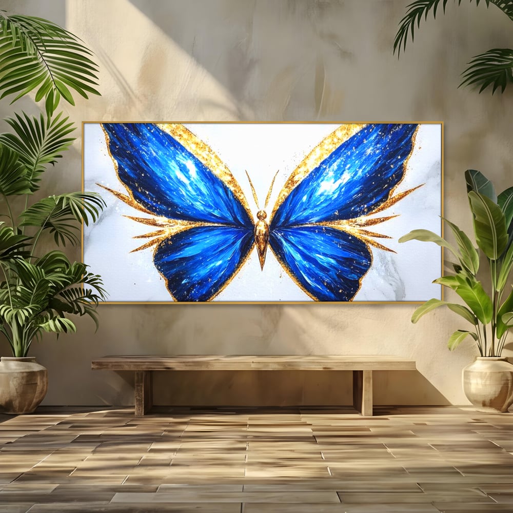 Tablou Canvas Premium, LuxCanva® M1126, Fluture Imperial, Safir, Electric, Auriu, Stralucitor, Pretios, Fluture, Insecta, Elegant, Bijuterie, Aripi, Lumina, Birou, Living, Camera Copil