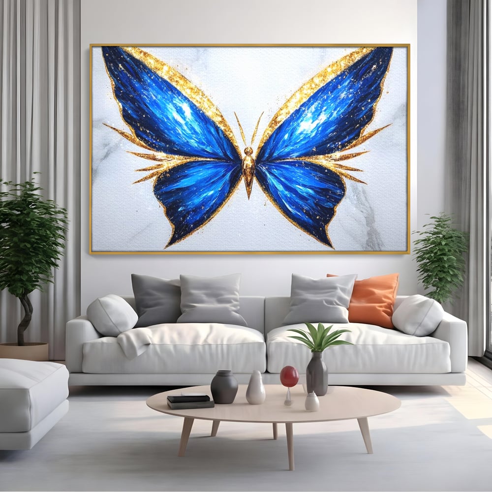 Tablou Canvas Premium, LuxCanva® M1126, Fluture Imperial, Safir, Electric, Auriu, Stralucitor, Pretios, Fluture, Insecta, Elegant, Bijuterie, Aripi, Lumina, Birou, Living, Camera Copil