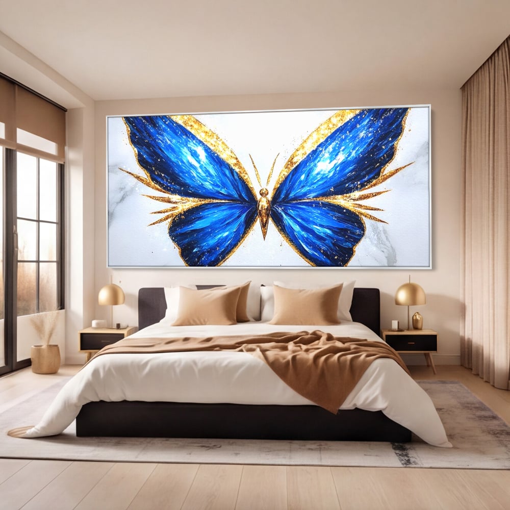 Tablou Canvas Premium, LuxCanva® M1126, Fluture Imperial, Safir, Electric, Auriu, Stralucitor, Pretios, Fluture, Insecta, Elegant, Bijuterie, Aripi, Lumina, Birou, Living, Camera Copil
