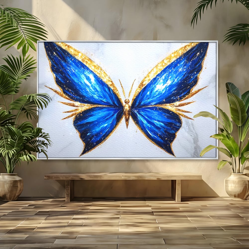 Tablou Canvas Premium, LuxCanva® M1126, Fluture Imperial, Safir, Electric, Auriu, Stralucitor, Pretios, Fluture, Insecta, Elegant, Bijuterie, Aripi, Lumina, Birou, Living, Camera Copil
