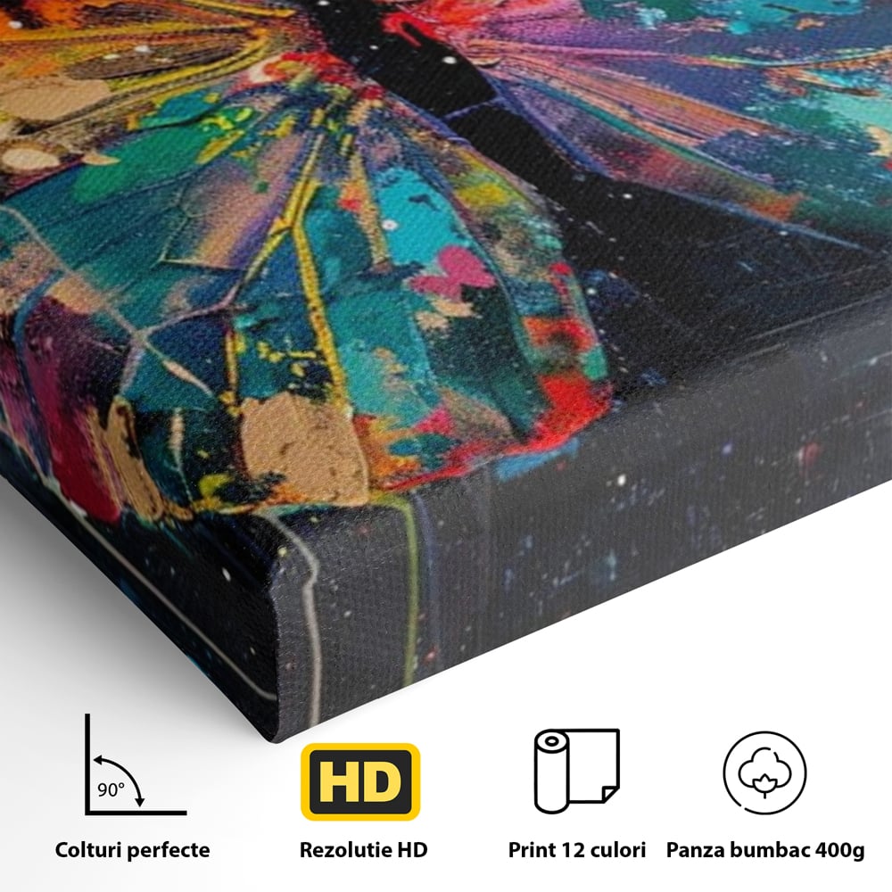 Tablou Canvas Premium, LuxCanva® M1127, Fluture in Abis Cromatic, Graffiti, Neon, Urban, Street Art, Fluturi, Insecte, Vopsea, Multicolor, Arta Moderna, Birou, Living, Camera Copil