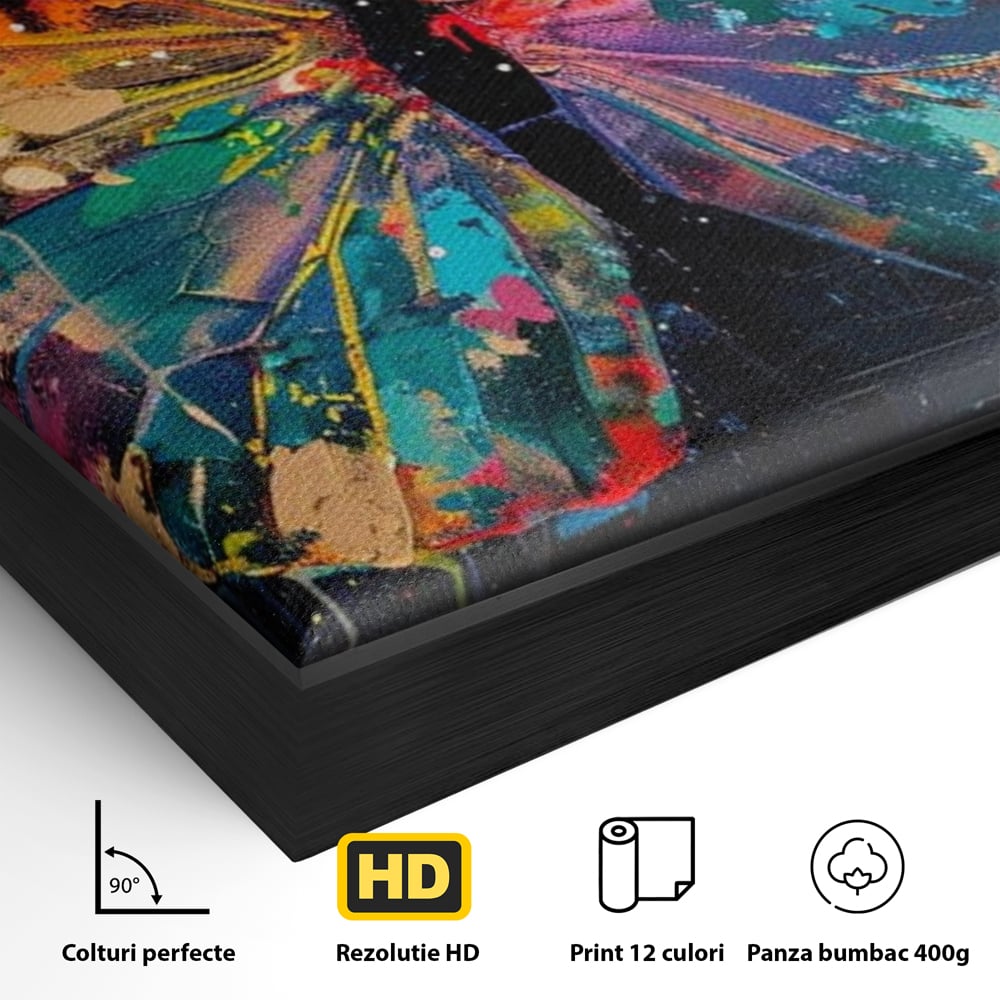 Tablou Canvas Premium, LuxCanva® M1127, Fluture in Abis Cromatic, Graffiti, Neon, Urban, Street Art, Fluturi, Insecte, Vopsea, Multicolor, Arta Moderna, Birou, Living, Camera Copil