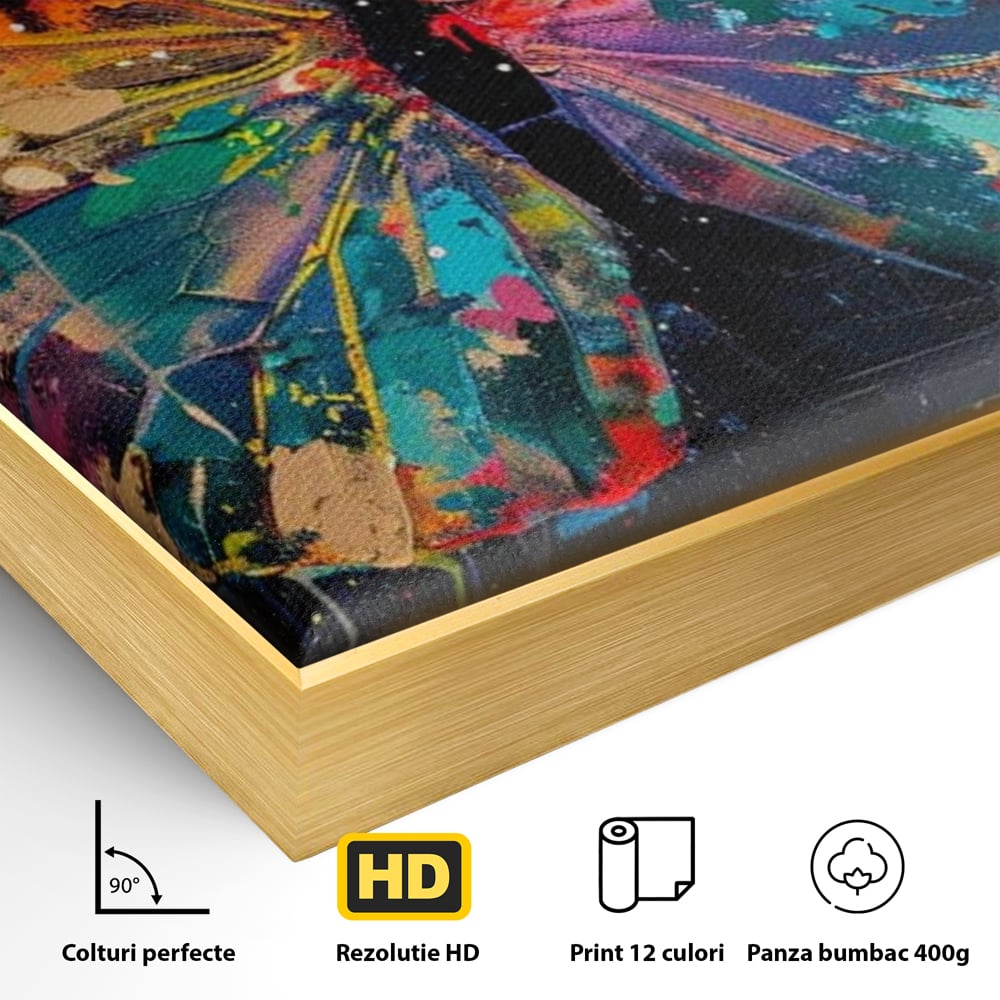 Tablou Canvas Premium, LuxCanva® M1127, Fluture in Abis Cromatic, Graffiti, Neon, Urban, Street Art, Fluturi, Insecte, Vopsea, Multicolor, Arta Moderna, Birou, Living, Camera Copil