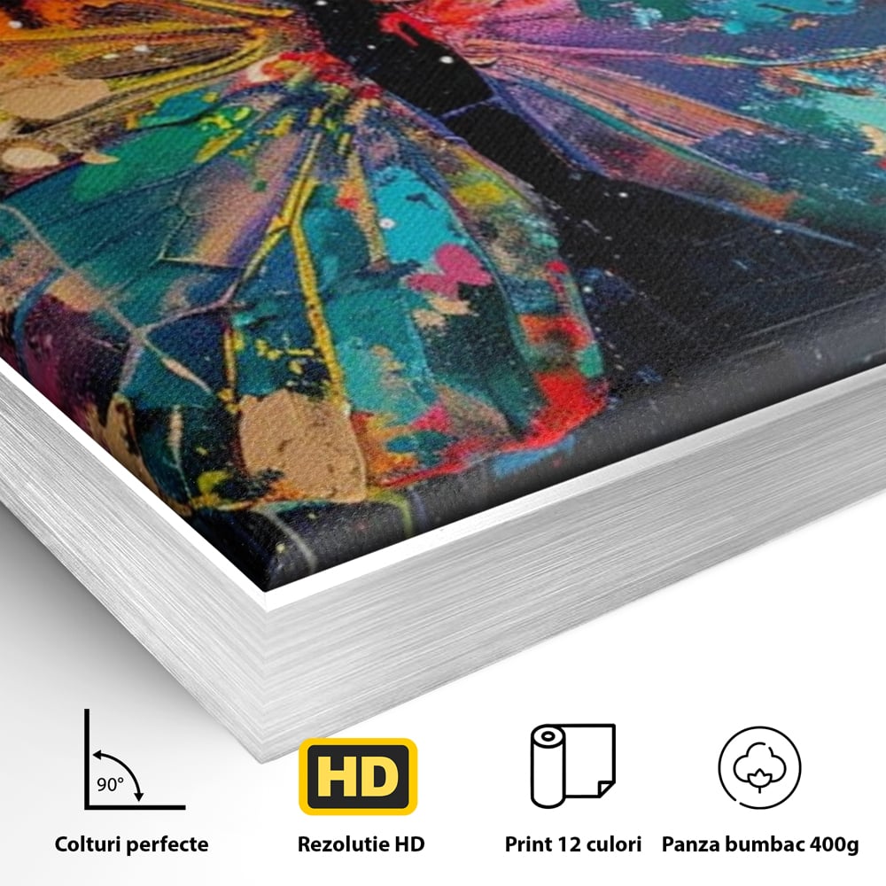 Tablou Canvas Premium, LuxCanva® M1127, Fluture in Abis Cromatic, Graffiti, Neon, Urban, Street Art, Fluturi, Insecte, Vopsea, Multicolor, Arta Moderna, Birou, Living, Camera Copil