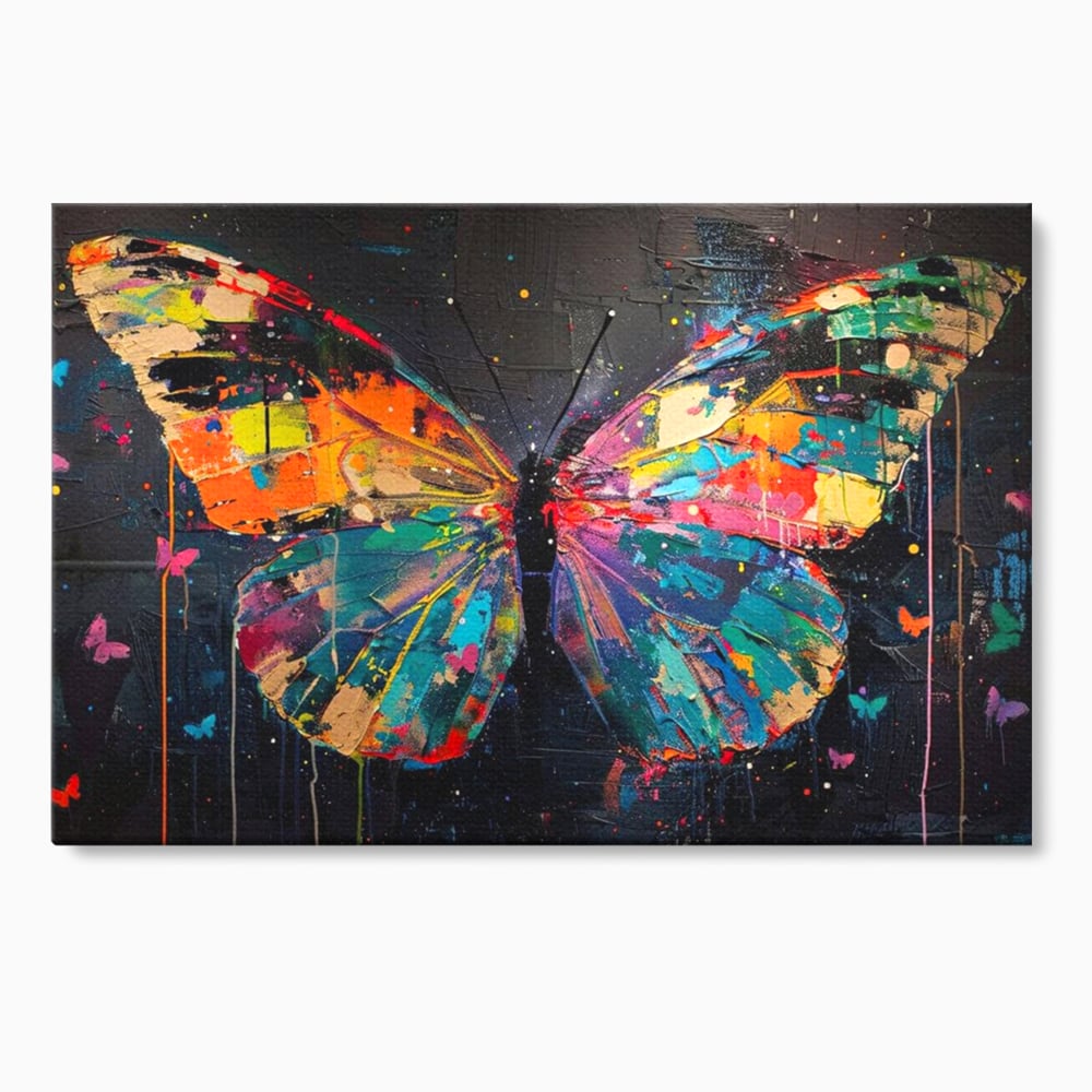 Tablou Canvas Premium, LuxCanva® M1127, Fluture in Abis Cromatic, Graffiti, Neon, Urban, Street Art, Fluturi, Insecte, Vopsea, Multicolor, Arta Moderna, Birou, Living, Camera Copil