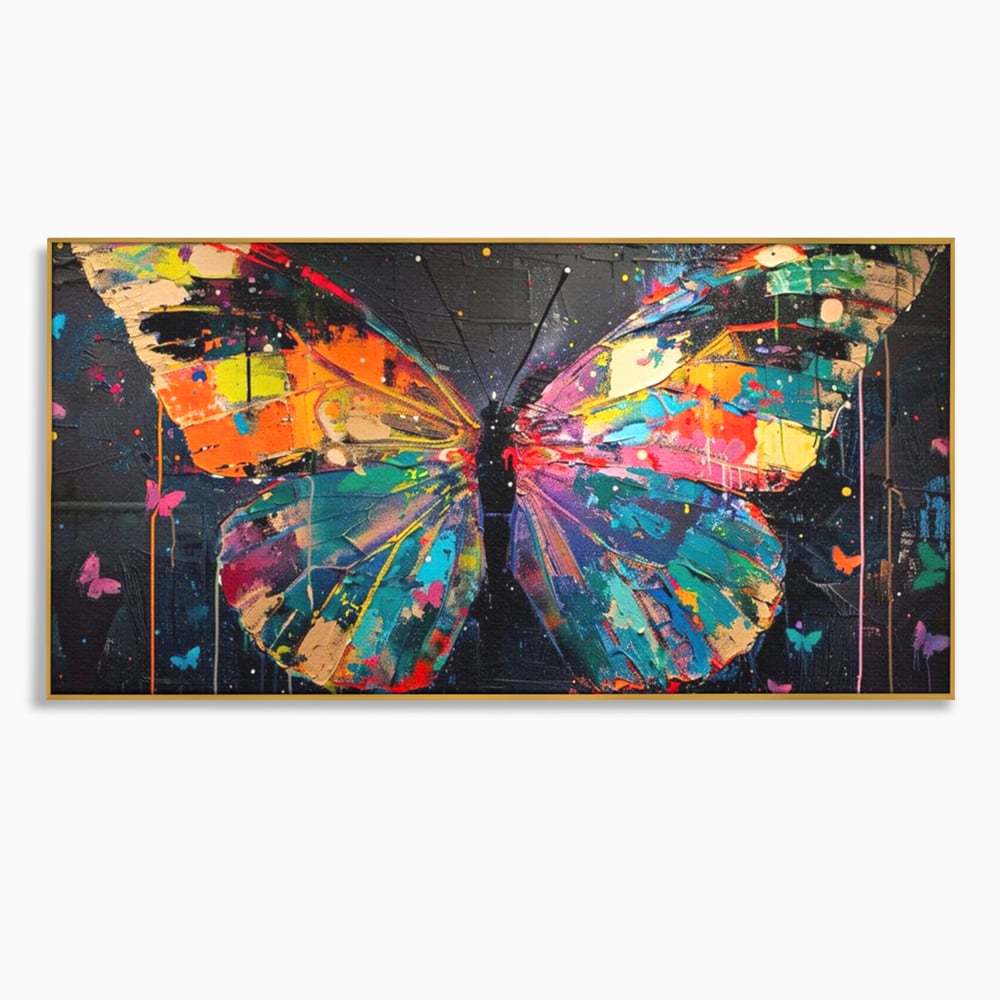 Tablou Canvas Premium, LuxCanva® M1127, Fluture in Abis Cromatic, Graffiti, Neon, Urban, Street Art, Fluturi, Insecte, Vopsea, Multicolor, Arta Moderna, Birou, Living, Camera Copil