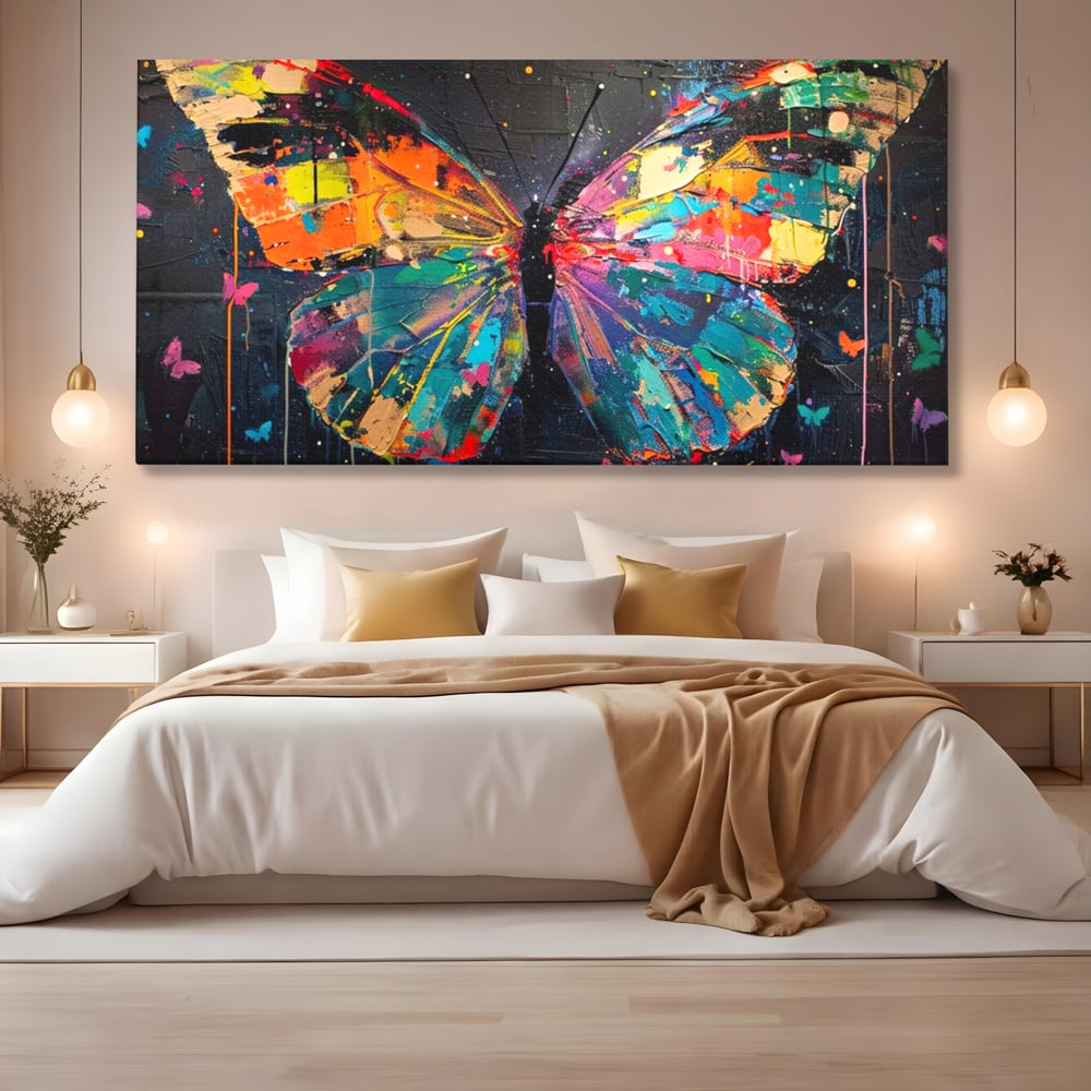 Tablou Canvas Premium, LuxCanva® M1127, Fluture in Abis Cromatic, Graffiti, Neon, Urban, Street Art, Fluturi, Insecte, Vopsea, Multicolor, Arta Moderna, Birou, Living, Camera Copil
