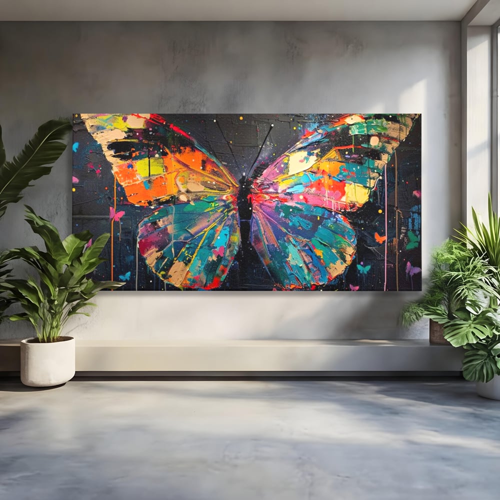 Tablou Canvas Premium, LuxCanva® M1127, Fluture in Abis Cromatic, Graffiti, Neon, Urban, Street Art, Fluturi, Insecte, Vopsea, Multicolor, Arta Moderna, Birou, Living, Camera Copil