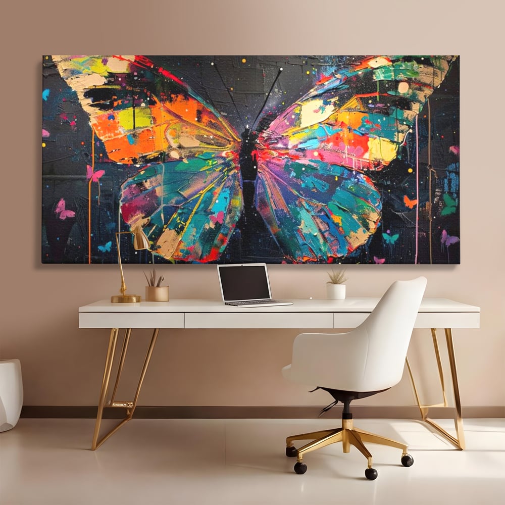 Tablou Canvas Premium, LuxCanva® M1127, Fluture in Abis Cromatic, Graffiti, Neon, Urban, Street Art, Fluturi, Insecte, Vopsea, Multicolor, Arta Moderna, Birou, Living, Camera Copil