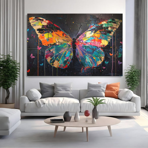 Tablou Canvas Premium, LuxCanva® M1127, Fluture in Abis Cromatic, Graffiti, Neon, Urban, Street Art, Fluturi, Insecte, Vopsea, Multicolor, Arta Moderna, Birou, Living, Camera Copil