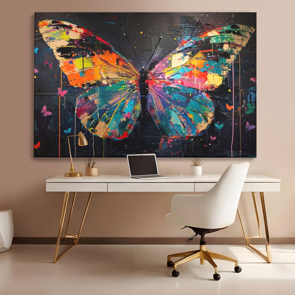 Tablou Canvas Premium, LuxCanva® M1127, Fluture in Abis Cromatic, Graffiti, Neon, Urban, Street Art, Fluturi, Insecte, Vopsea, Multicolor, Arta Moderna, Birou, Living, Camera Copil