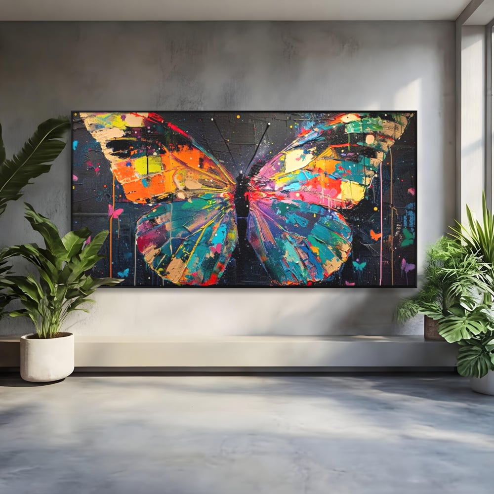 Tablou Canvas Premium, LuxCanva® M1127, Fluture in Abis Cromatic, Graffiti, Neon, Urban, Street Art, Fluturi, Insecte, Vopsea, Multicolor, Arta Moderna, Birou, Living, Camera Copil