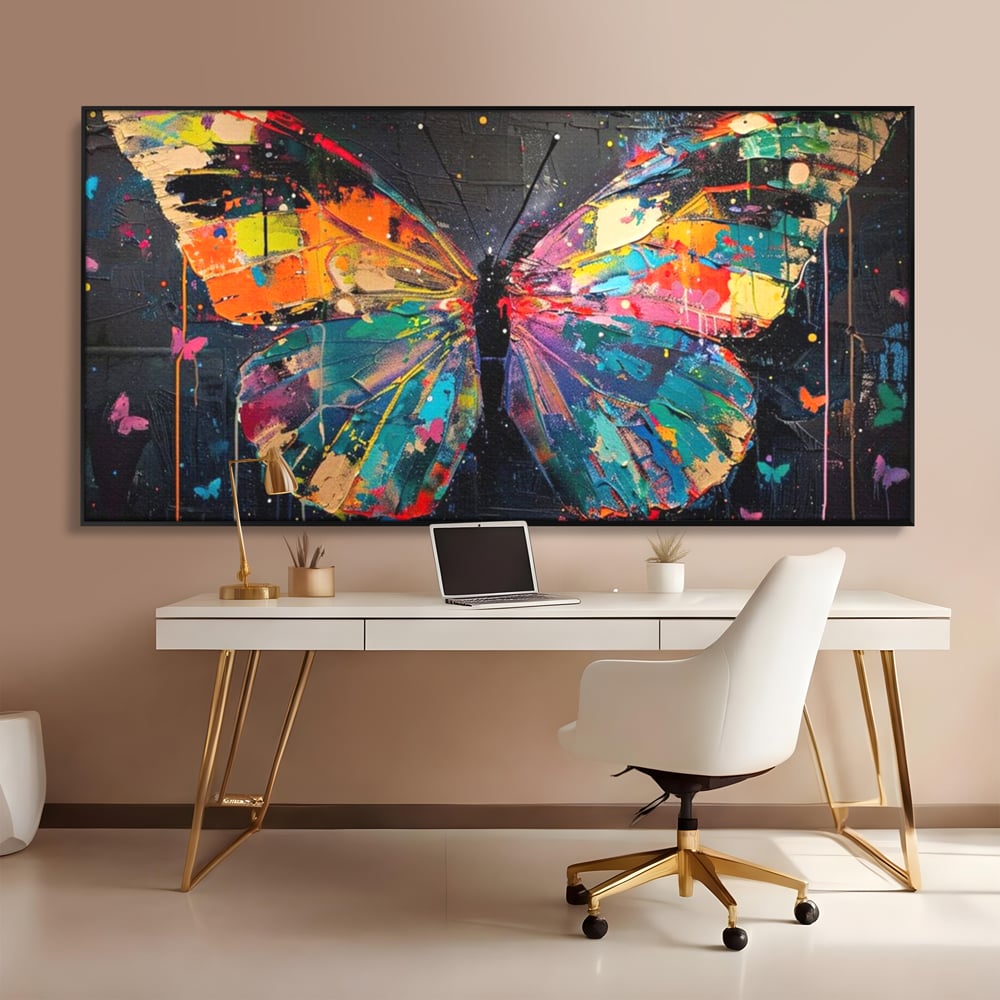 Tablou Canvas Premium, LuxCanva® M1127, Fluture in Abis Cromatic, Graffiti, Neon, Urban, Street Art, Fluturi, Insecte, Vopsea, Multicolor, Arta Moderna, Birou, Living, Camera Copil
