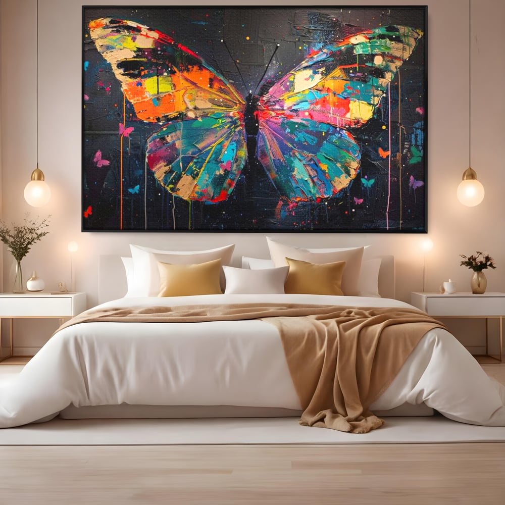 Tablou Canvas Premium, LuxCanva® M1127, Fluture in Abis Cromatic, Graffiti, Neon, Urban, Street Art, Fluturi, Insecte, Vopsea, Multicolor, Arta Moderna, Birou, Living, Camera Copil
