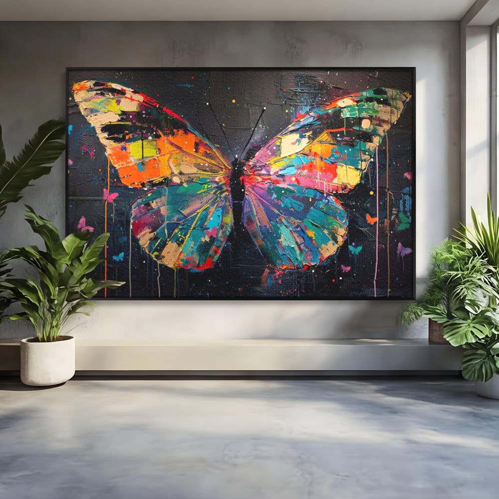 Tablou Canvas Premium, LuxCanva® M1127, Fluture in Abis Cromatic, Graffiti, Neon, Urban, Street Art, Fluturi, Insecte, Vopsea, Multicolor, Arta Moderna, Birou, Living, Camera Copil