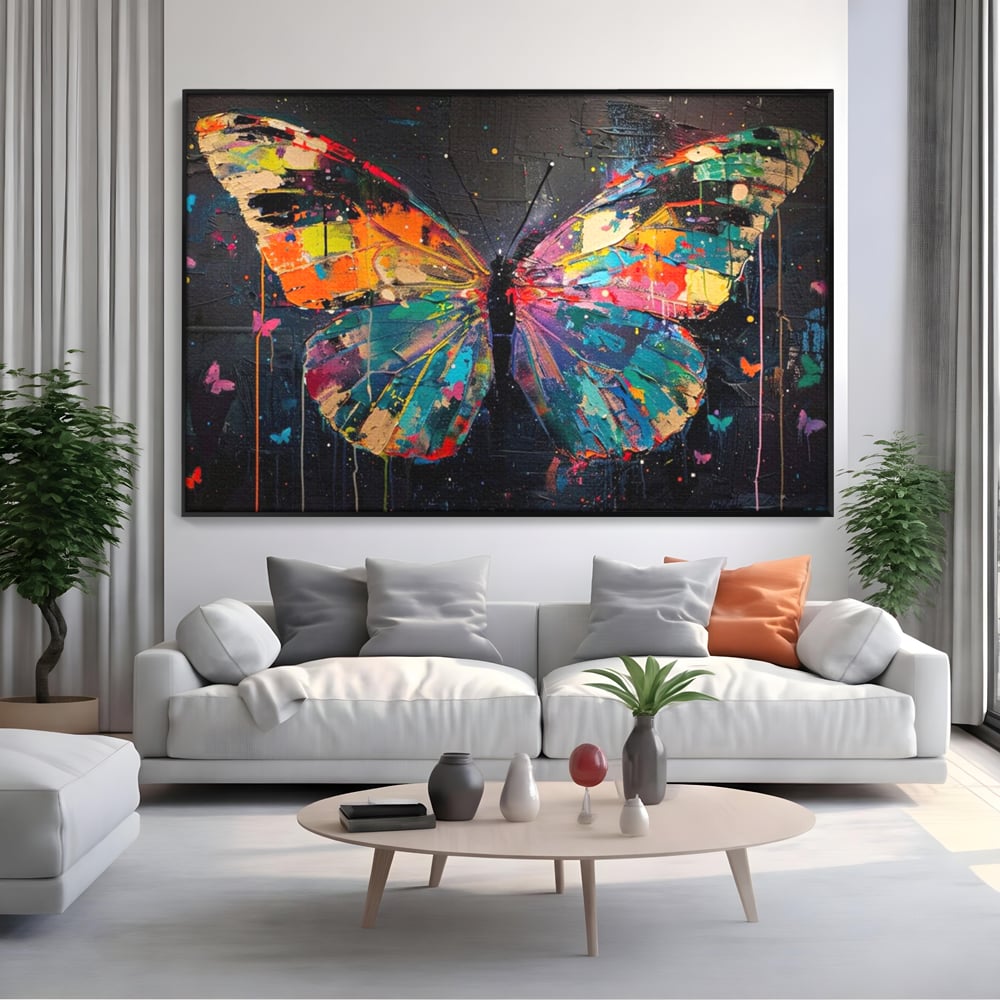 Tablou Canvas Premium, LuxCanva® M1127, Fluture in Abis Cromatic, Graffiti, Neon, Urban, Street Art, Fluturi, Insecte, Vopsea, Multicolor, Arta Moderna, Birou, Living, Camera Copil