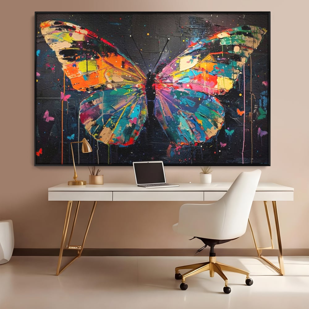 Tablou Canvas Premium, LuxCanva® M1127, Fluture in Abis Cromatic, Graffiti, Neon, Urban, Street Art, Fluturi, Insecte, Vopsea, Multicolor, Arta Moderna, Birou, Living, Camera Copil