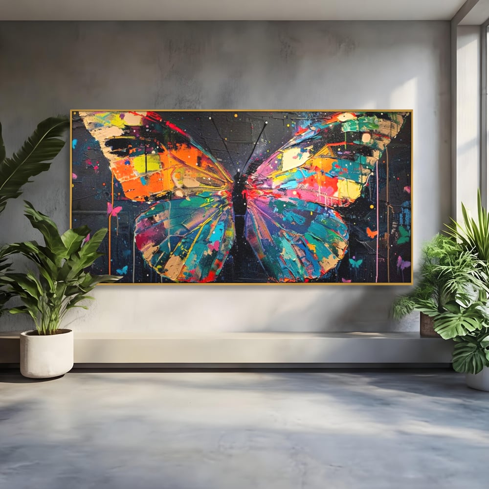 Tablou Canvas Premium, LuxCanva® M1127, Fluture in Abis Cromatic, Graffiti, Neon, Urban, Street Art, Fluturi, Insecte, Vopsea, Multicolor, Arta Moderna, Birou, Living, Camera Copil