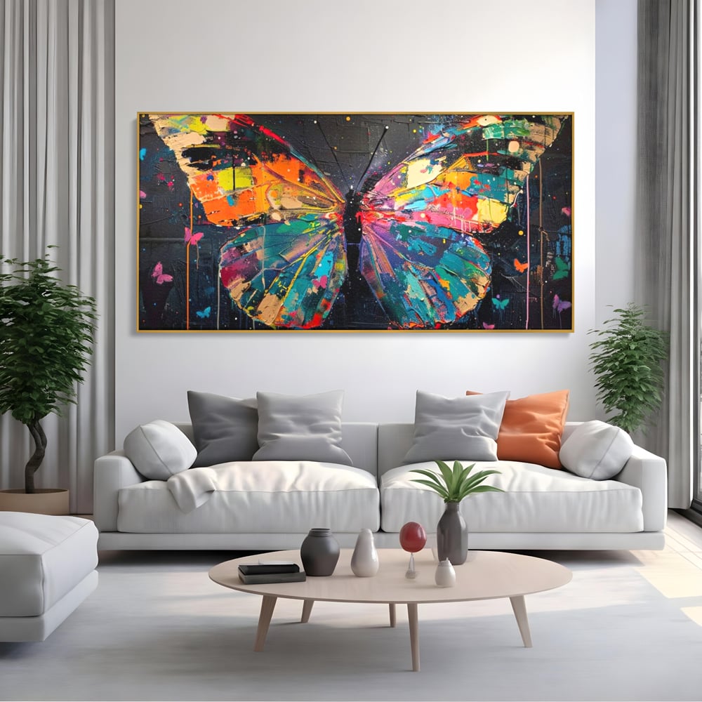 Tablou Canvas Premium, LuxCanva® M1127, Fluture in Abis Cromatic, Graffiti, Neon, Urban, Street Art, Fluturi, Insecte, Vopsea, Multicolor, Arta Moderna, Birou, Living, Camera Copil