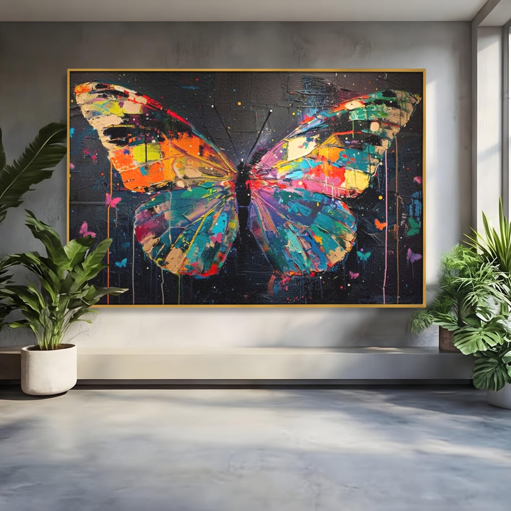 Tablou Canvas Premium, LuxCanva® M1127, Fluture in Abis Cromatic, Graffiti, Neon, Urban, Street Art, Fluturi, Insecte, Vopsea, Multicolor, Arta Moderna, Birou, Living, Camera Copil