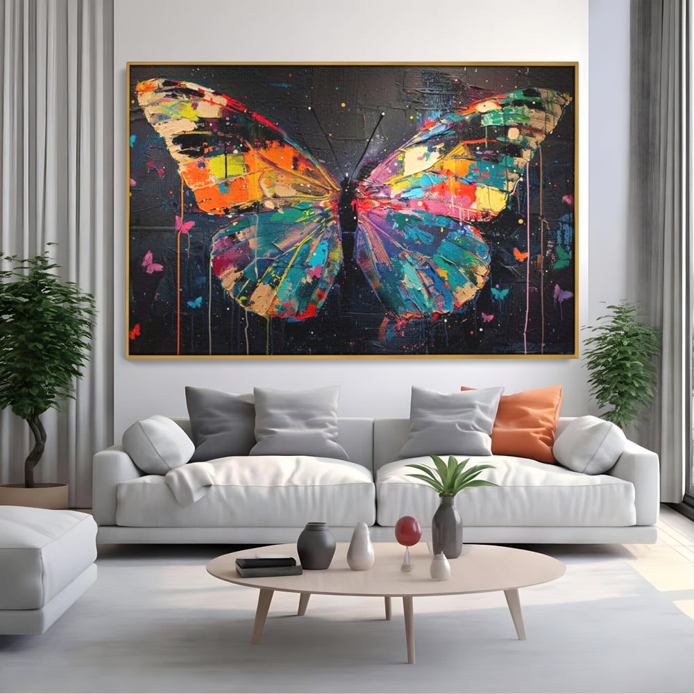 Tablou Canvas Premium, LuxCanva® M1127, Fluture in Abis Cromatic, Graffiti, Neon, Urban, Street Art, Fluturi, Insecte, Vopsea, Multicolor, Arta Moderna, Birou, Living, Camera Copil