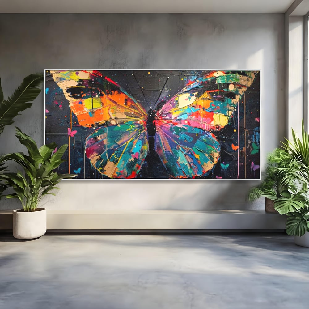 Tablou Canvas Premium, LuxCanva® M1127, Fluture in Abis Cromatic, Graffiti, Neon, Urban, Street Art, Fluturi, Insecte, Vopsea, Multicolor, Arta Moderna, Birou, Living, Camera Copil