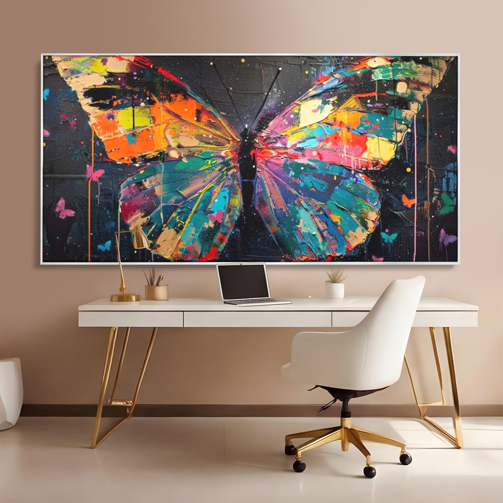 Tablou Canvas Premium, LuxCanva® M1127, Fluture in Abis Cromatic, Graffiti, Neon, Urban, Street Art, Fluturi, Insecte, Vopsea, Multicolor, Arta Moderna, Birou, Living, Camera Copil