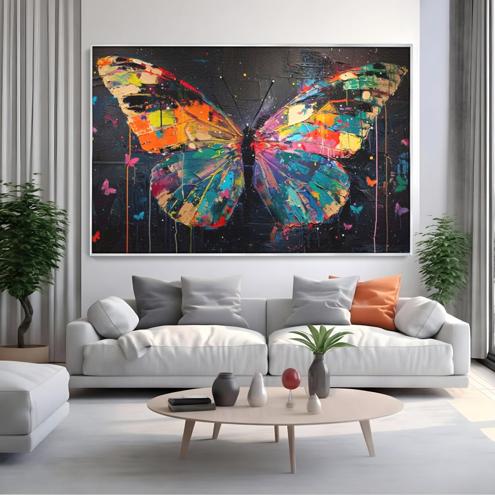 Tablou Canvas Premium, LuxCanva® M1127, Fluture in Abis Cromatic, Graffiti, Neon, Urban, Street Art, Fluturi, Insecte, Vopsea, Multicolor, Arta Moderna, Birou, Living, Camera Copil