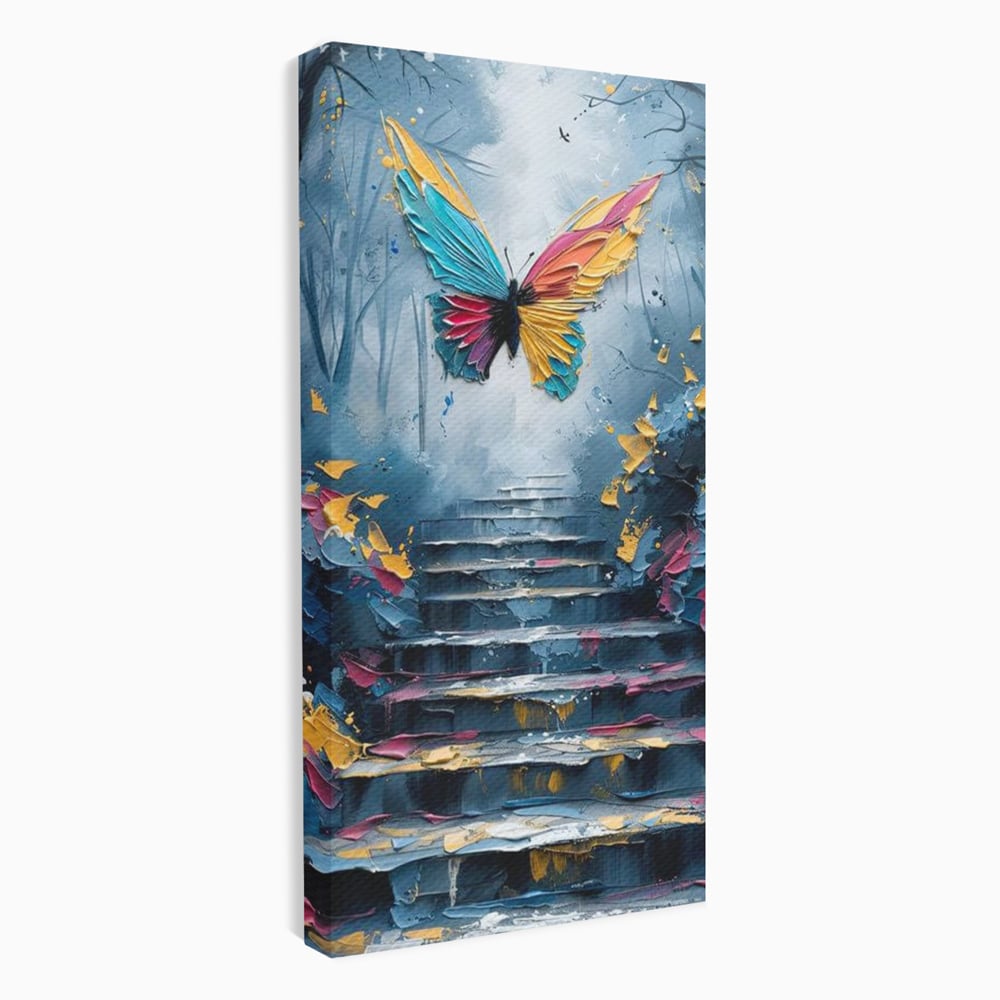 Leinwand Premium Canvas Wandkunst, LuxCanva® M1128, Polychrome Leinwand Wandkunst, Stufen, mehrfarbig, Malerei, Treppe, Natur, Schmetterling, Insekt, Fliegen, Flügel, Symbolik, Aufstieg, Metamorphose, Büro, Wohnen, Kinderzimmer