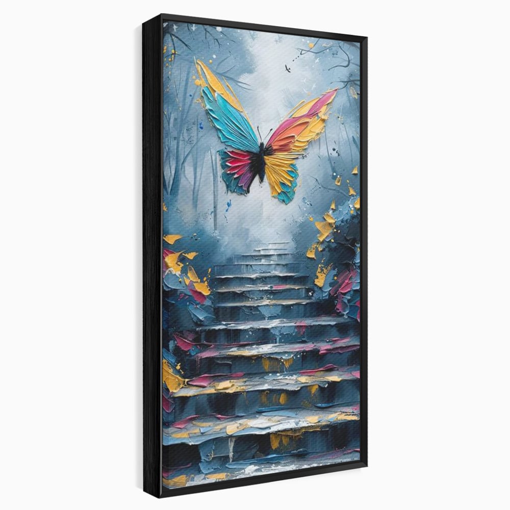 Leinwand Premium Canvas Wandkunst, LuxCanva® M1128, Polychrome Leinwand Wandkunst, Stufen, mehrfarbig, Malerei, Treppe, Natur, Schmetterling, Insekt, Fliegen, Flügel, Symbolik, Aufstieg, Metamorphose, Büro, Wohnen, Kinderzimmer