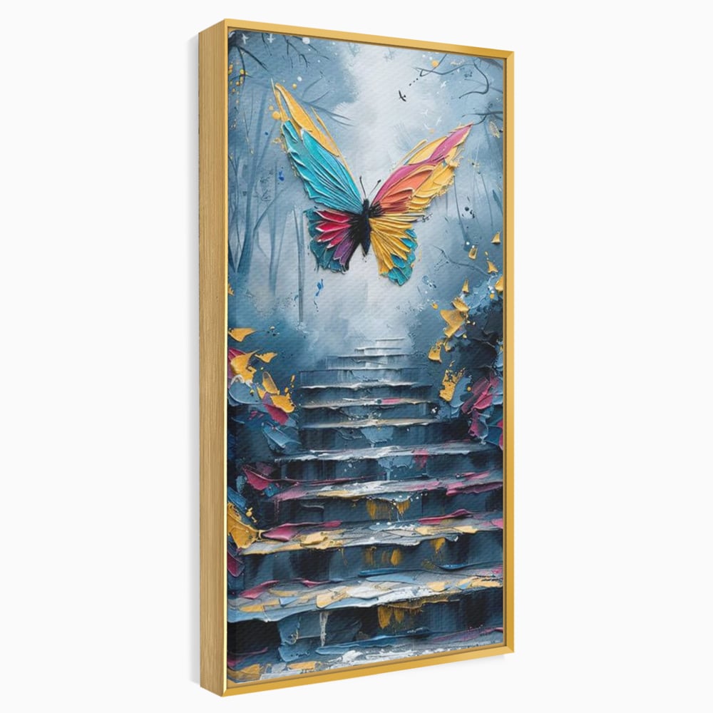 Leinwand Premium Canvas Wandkunst, LuxCanva® M1128, Polychrome Leinwand Wandkunst, Stufen, mehrfarbig, Malerei, Treppe, Natur, Schmetterling, Insekt, Fliegen, Flügel, Symbolik, Aufstieg, Metamorphose, Büro, Wohnen, Kinderzimmer