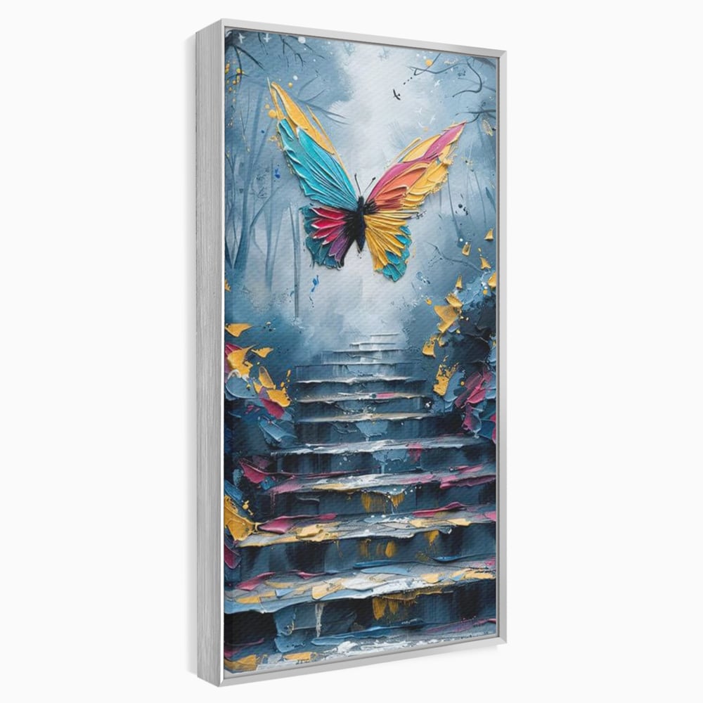 Leinwand Premium Canvas Wandkunst, LuxCanva® M1128, Polychrome Leinwand Wandkunst, Stufen, mehrfarbig, Malerei, Treppe, Natur, Schmetterling, Insekt, Fliegen, Flügel, Symbolik, Aufstieg, Metamorphose, Büro, Wohnen, Kinderzimmer