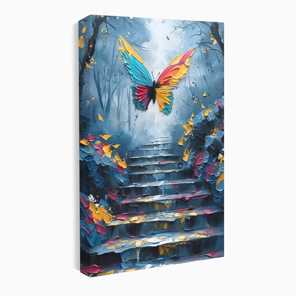 Leinwand Premium Canvas Wandkunst, LuxCanva® M1128, Polychrome Leinwand Wandkunst, Stufen, mehrfarbig, Malerei, Treppe, Natur, Schmetterling, Insekt, Fliegen, Flügel, Symbolik, Aufstieg, Metamorphose, Büro, Wohnen, Kinderzimmer