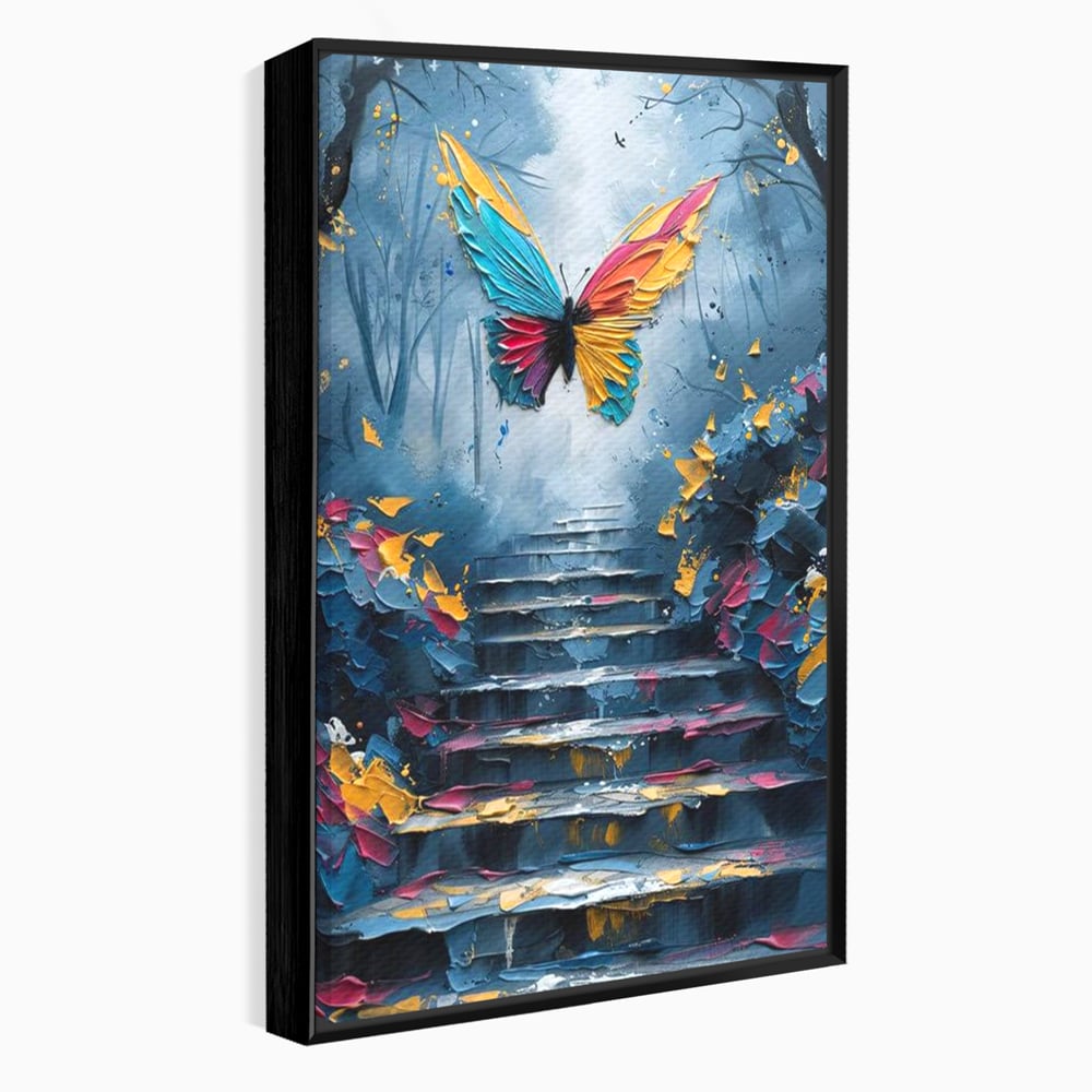 Leinwand Premium Canvas Wandkunst, LuxCanva® M1128, Polychrome Leinwand Wandkunst, Stufen, mehrfarbig, Malerei, Treppe, Natur, Schmetterling, Insekt, Fliegen, Flügel, Symbolik, Aufstieg, Metamorphose, Büro, Wohnen, Kinderzimmer