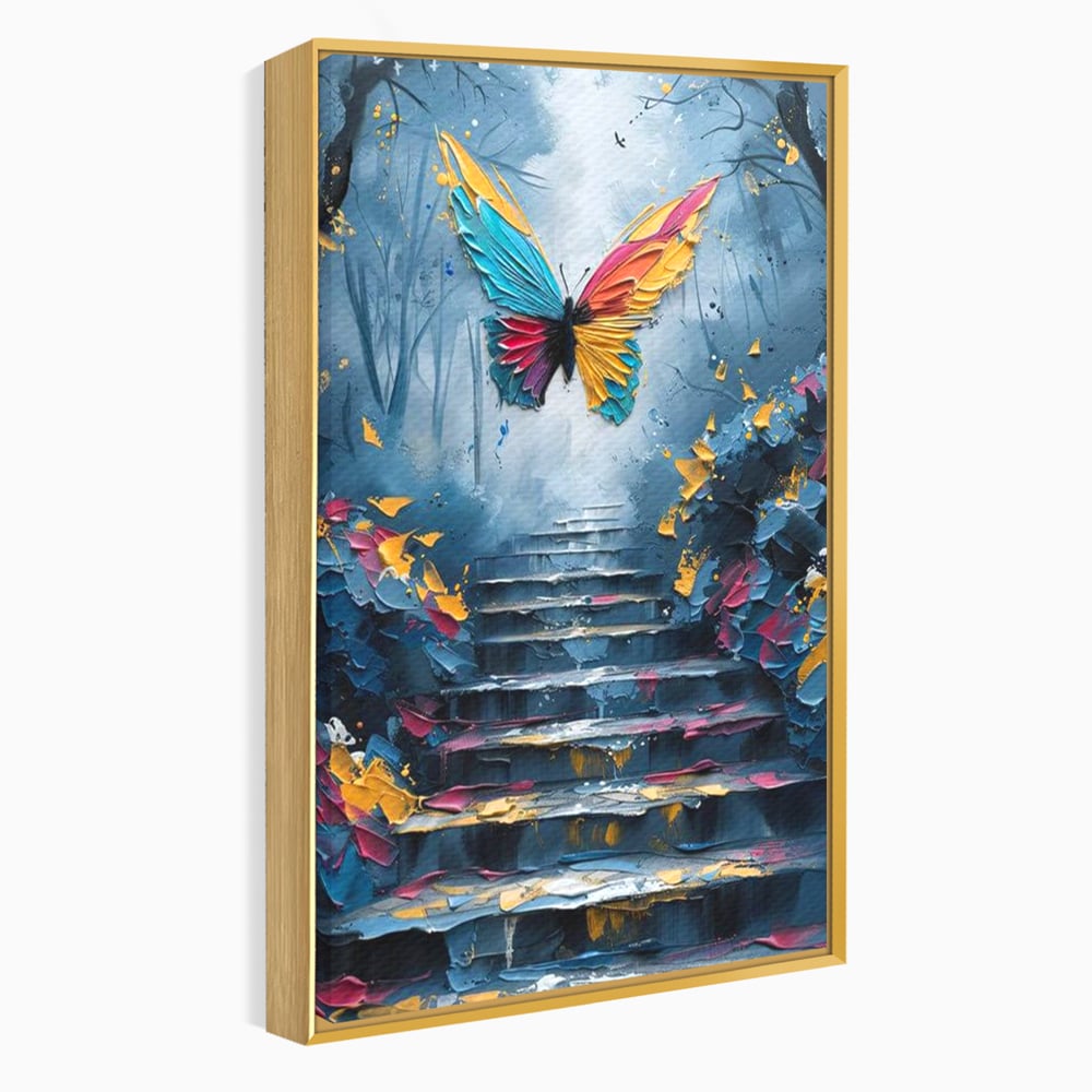 Leinwand Premium Canvas Wandkunst, LuxCanva® M1128, Polychrome Leinwand Wandkunst, Stufen, mehrfarbig, Malerei, Treppe, Natur, Schmetterling, Insekt, Fliegen, Flügel, Symbolik, Aufstieg, Metamorphose, Büro, Wohnen, Kinderzimmer