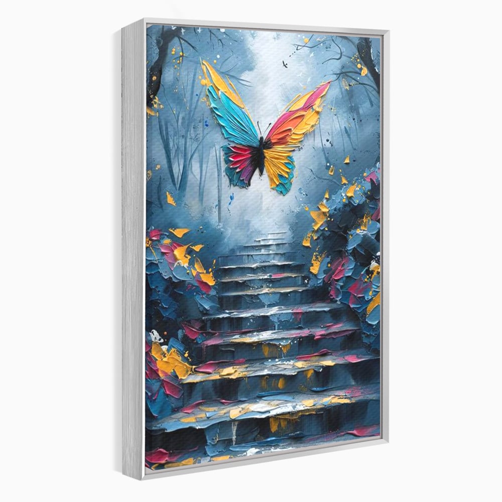Leinwand Premium Canvas Wandkunst, LuxCanva® M1128, Polychrome Leinwand Wandkunst, Stufen, mehrfarbig, Malerei, Treppe, Natur, Schmetterling, Insekt, Fliegen, Flügel, Symbolik, Aufstieg, Metamorphose, Büro, Wohnen, Kinderzimmer