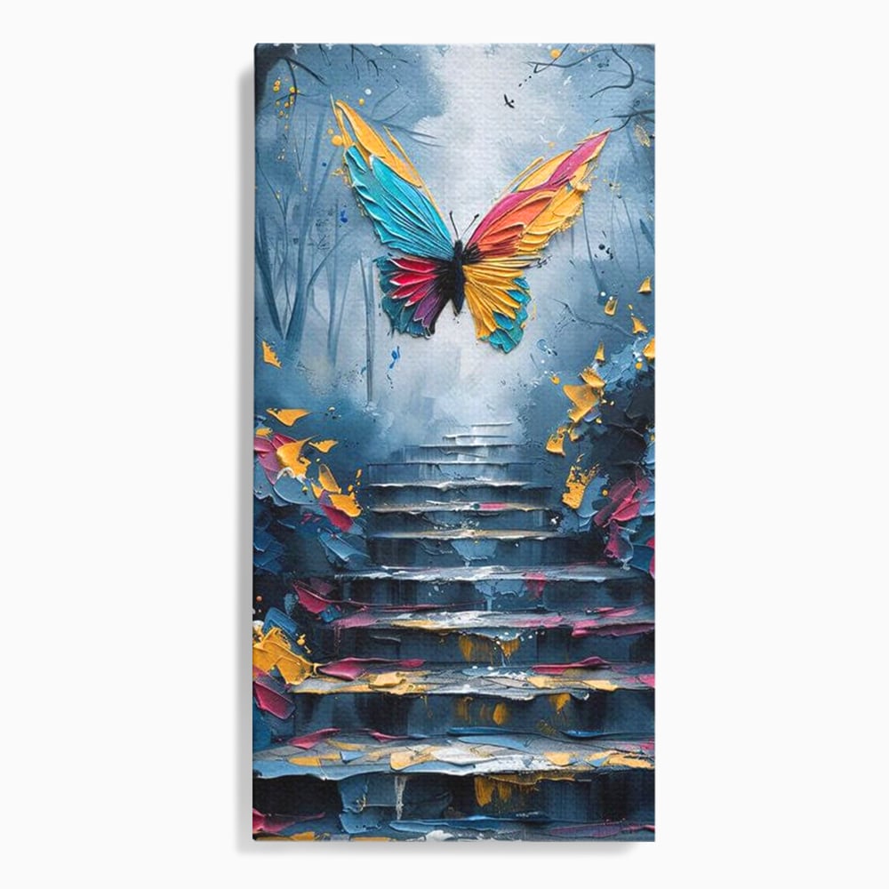Leinwand Premium Canvas Wandkunst, LuxCanva® M1128, Polychrome Leinwand Wandkunst, Stufen, mehrfarbig, Malerei, Treppe, Natur, Schmetterling, Insekt, Fliegen, Flügel, Symbolik, Aufstieg, Metamorphose, Büro, Wohnen, Kinderzimmer