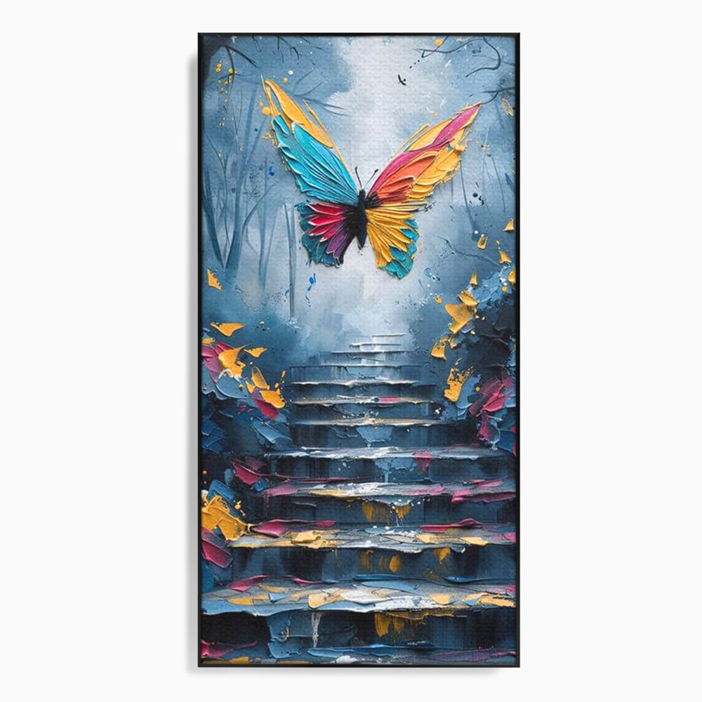 Leinwand Premium Canvas Wandkunst, LuxCanva® M1128, Polychrome Leinwand Wandkunst, Stufen, mehrfarbig, Malerei, Treppe, Natur, Schmetterling, Insekt, Fliegen, Flügel, Symbolik, Aufstieg, Metamorphose, Büro, Wohnen, Kinderzimmer