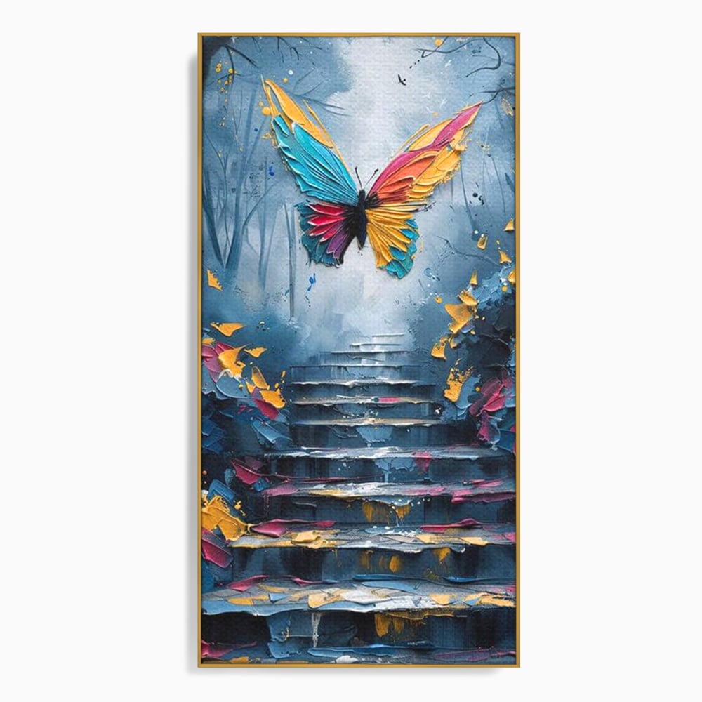 Leinwand Premium Canvas Wandkunst, LuxCanva® M1128, Polychrome Leinwand Wandkunst, Stufen, mehrfarbig, Malerei, Treppe, Natur, Schmetterling, Insekt, Fliegen, Flügel, Symbolik, Aufstieg, Metamorphose, Büro, Wohnen, Kinderzimmer