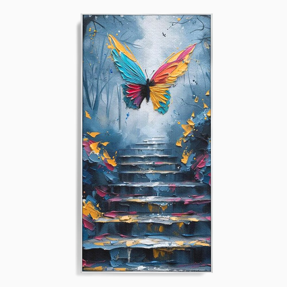 Leinwand Premium Canvas Wandkunst, LuxCanva® M1128, Polychrome Leinwand Wandkunst, Stufen, mehrfarbig, Malerei, Treppe, Natur, Schmetterling, Insekt, Fliegen, Flügel, Symbolik, Aufstieg, Metamorphose, Büro, Wohnen, Kinderzimmer