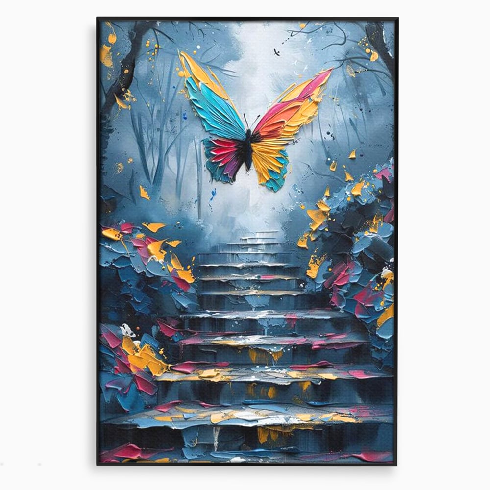 Leinwand Premium Canvas Wandkunst, LuxCanva® M1128, Polychrome Leinwand Wandkunst, Stufen, mehrfarbig, Malerei, Treppe, Natur, Schmetterling, Insekt, Fliegen, Flügel, Symbolik, Aufstieg, Metamorphose, Büro, Wohnen, Kinderzimmer