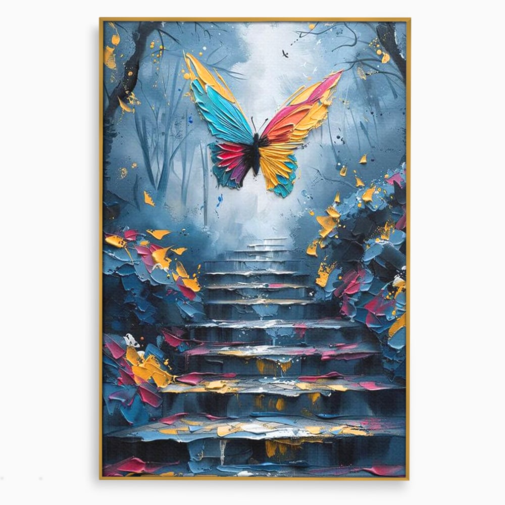 Leinwand Premium Canvas Wandkunst, LuxCanva® M1128, Polychrome Leinwand Wandkunst, Stufen, mehrfarbig, Malerei, Treppe, Natur, Schmetterling, Insekt, Fliegen, Flügel, Symbolik, Aufstieg, Metamorphose, Büro, Wohnen, Kinderzimmer
