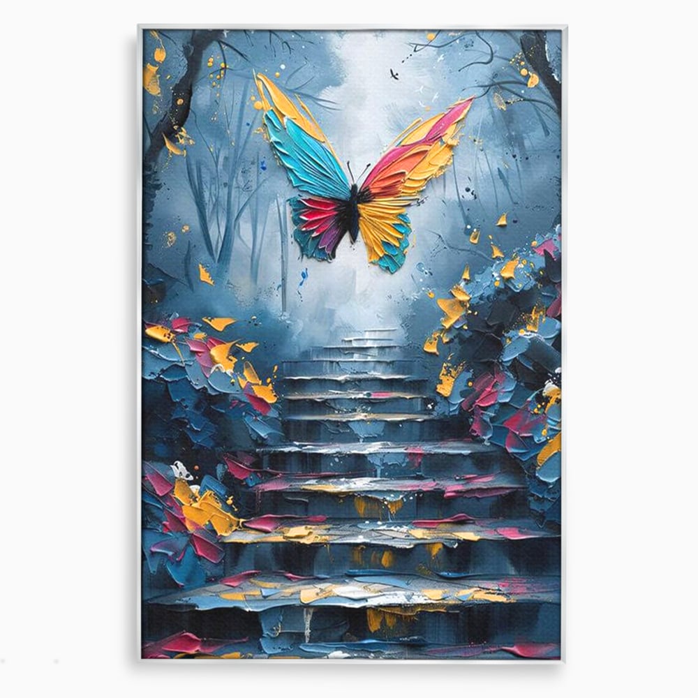 Leinwand Premium Canvas Wandkunst, LuxCanva® M1128, Polychrome Leinwand Wandkunst, Stufen, mehrfarbig, Malerei, Treppe, Natur, Schmetterling, Insekt, Fliegen, Flügel, Symbolik, Aufstieg, Metamorphose, Büro, Wohnen, Kinderzimmer