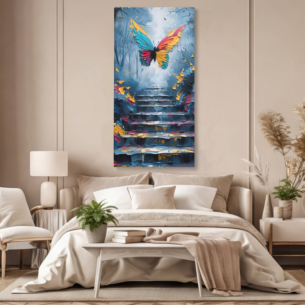 Leinwand Premium Canvas Wandkunst, LuxCanva® M1128, Polychrome Leinwand Wandkunst, Stufen, mehrfarbig, Malerei, Treppe, Natur, Schmetterling, Insekt, Fliegen, Flügel, Symbolik, Aufstieg, Metamorphose, Büro, Wohnen, Kinderzimmer