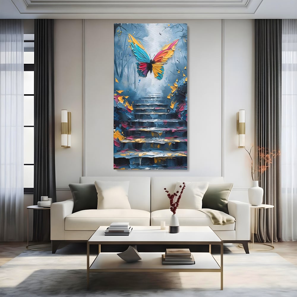 Leinwand Premium Canvas Wandkunst, LuxCanva® M1128, Polychrome Leinwand Wandkunst, Stufen, mehrfarbig, Malerei, Treppe, Natur, Schmetterling, Insekt, Fliegen, Flügel, Symbolik, Aufstieg, Metamorphose, Büro, Wohnen, Kinderzimmer