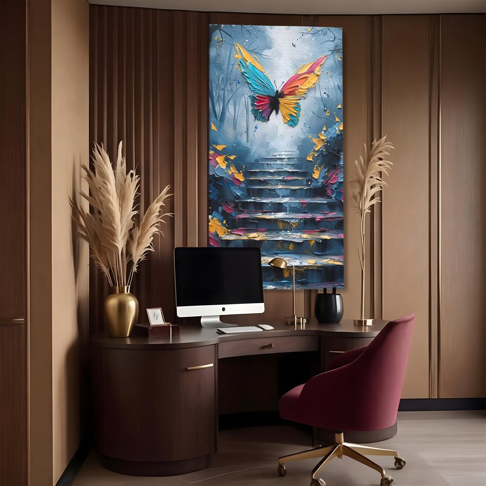 Leinwand Premium Canvas Wandkunst, LuxCanva® M1128, Polychrome Leinwand Wandkunst, Stufen, mehrfarbig, Malerei, Treppe, Natur, Schmetterling, Insekt, Fliegen, Flügel, Symbolik, Aufstieg, Metamorphose, Büro, Wohnen, Kinderzimmer