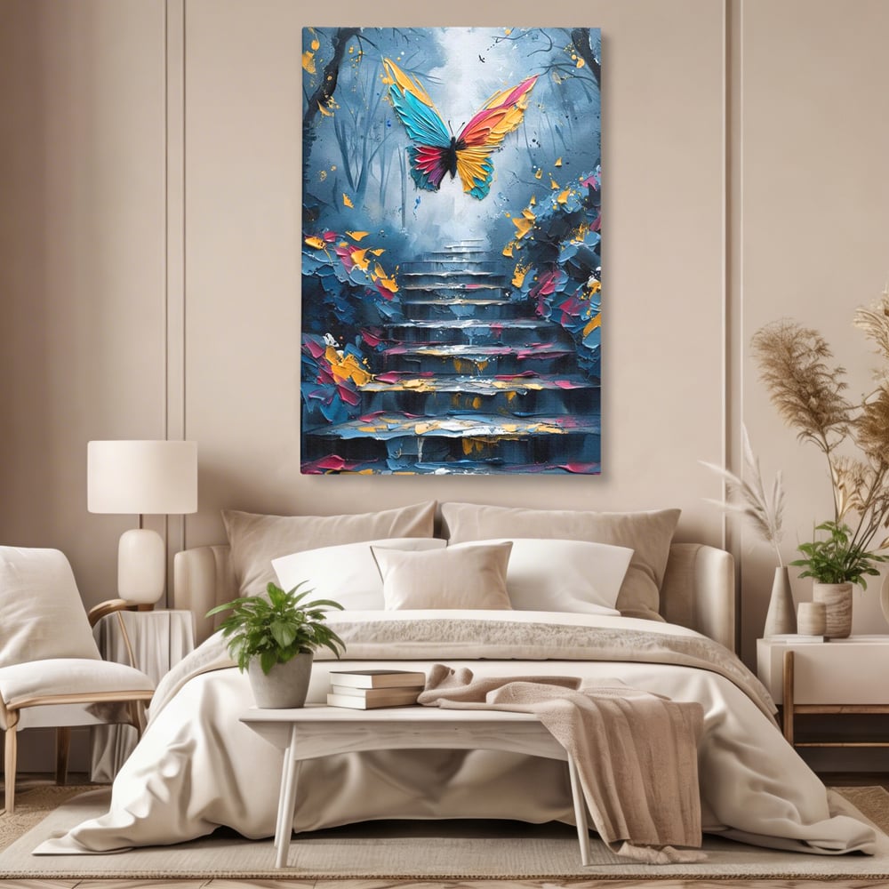 Leinwand Premium Canvas Wandkunst, LuxCanva® M1128, Polychrome Leinwand Wandkunst, Stufen, mehrfarbig, Malerei, Treppe, Natur, Schmetterling, Insekt, Fliegen, Flügel, Symbolik, Aufstieg, Metamorphose, Büro, Wohnen, Kinderzimmer