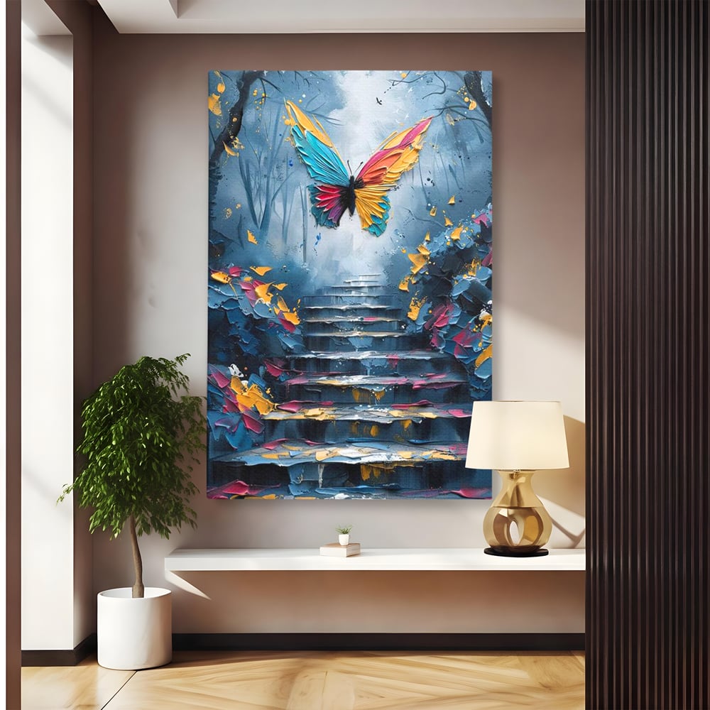 Leinwand Premium Canvas Wandkunst, LuxCanva® M1128, Polychrome Leinwand Wandkunst, Stufen, mehrfarbig, Malerei, Treppe, Natur, Schmetterling, Insekt, Fliegen, Flügel, Symbolik, Aufstieg, Metamorphose, Büro, Wohnen, Kinderzimmer